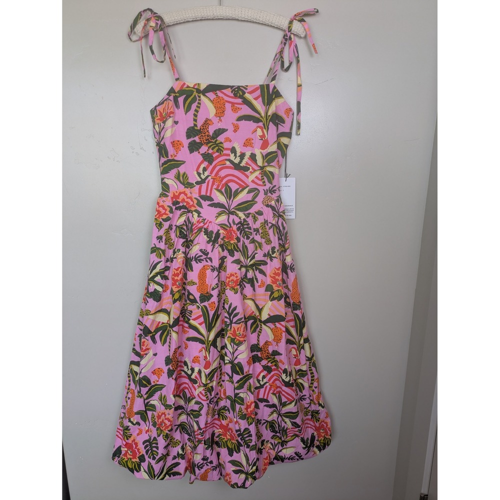 NEW Tulip Ivonna Midi Dress Women's S Pink Tropical Leopard Toucan Tie Strap